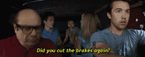 a group of people are sitting in a van and one of them is asking if they cut the brakes again
