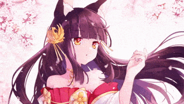 a girl with long black hair and red eyes is wearing a red and white kimono