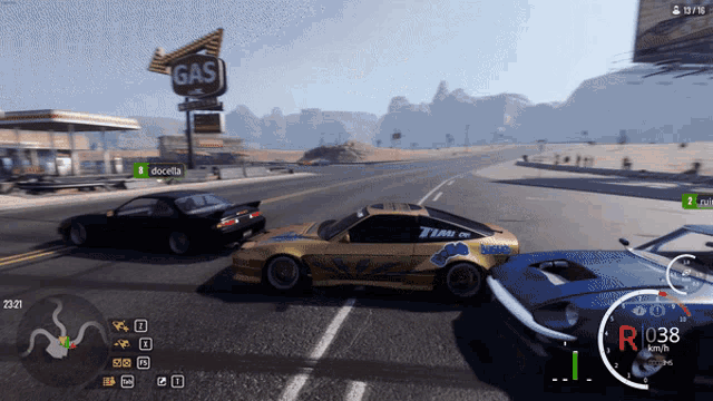 a screenshot of a video game shows a gas station in the background