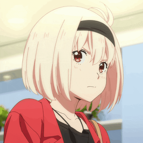 a girl with short white hair has a headband around her head
