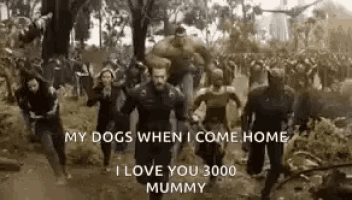 a group of people are running through a forest with a quote from avengers infinity war .