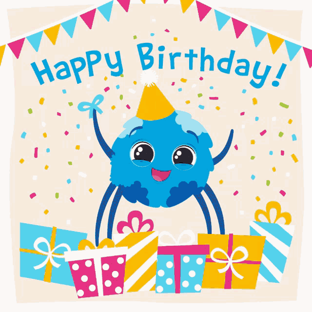 a happy birthday greeting card with a cartoon character
