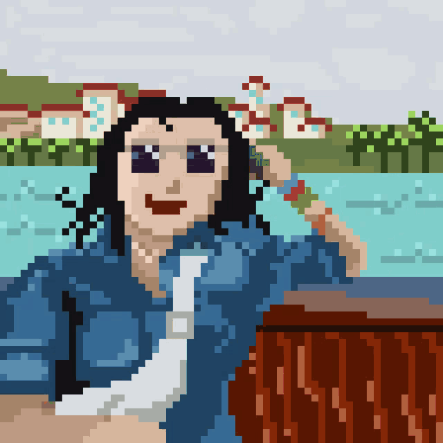 a pixel art drawing of a woman wearing sunglasses