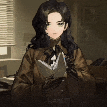 a girl with long black hair is holding a book in her hand
