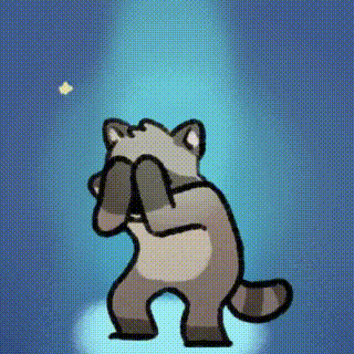 a cartoon raccoon is standing in front of a blue background and covering its eyes .