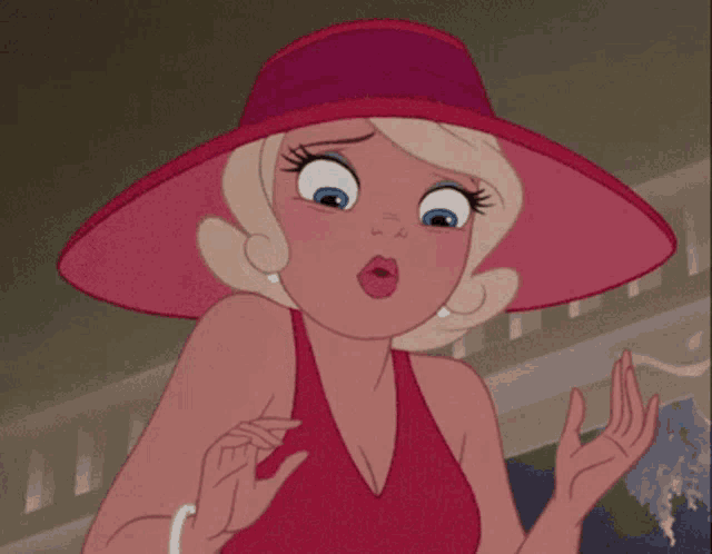 a cartoon woman wearing a red hat and red dress