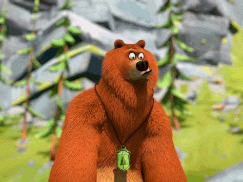 a cartoon bear wearing a necklace with a green pendant that says ' acorn ' on it