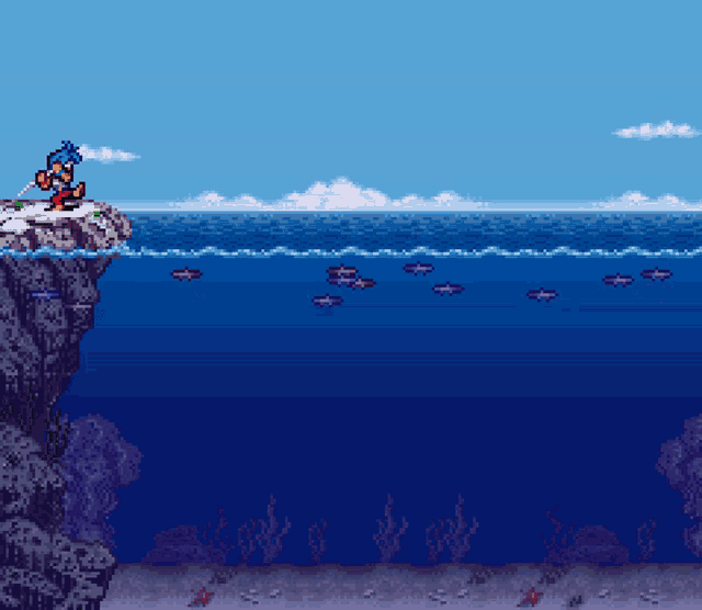 a video game shows a man fishing in the ocean with a sign that says stickro on it