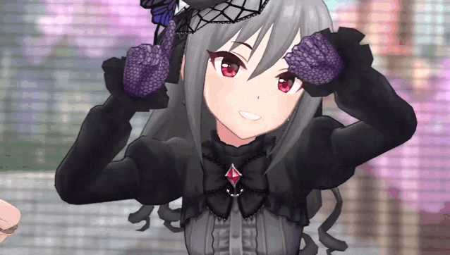 a girl with gray hair and red eyes is wearing purple gloves and a hat
