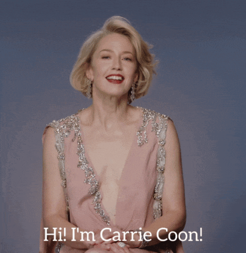 a woman in a pink dress with the words hi i 'm carrie coon