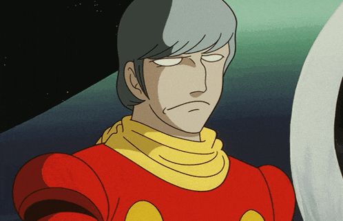 a cartoon character with gray hair and a red and yellow outfit