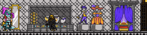 a pixel art drawing of a room with a purple curtain and a mirror
