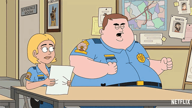 a cartoon of two police officers in front of a sign that says " evidence room "