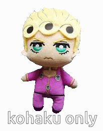 a stuffed animal with a yellow hair and green eyes is standing on a white background with the words kohaku only written on it .