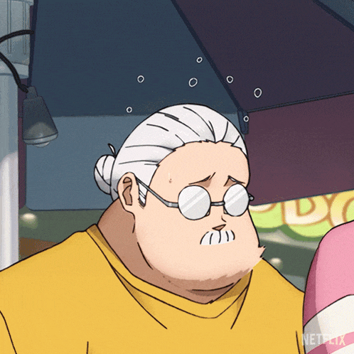 a cartoon of an older woman with glasses and a bun on her head