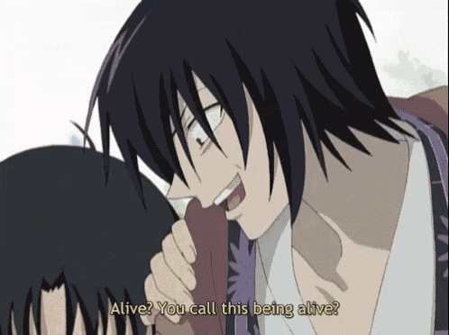 a cartoon character says " alive you call this being alive " in yellow letters