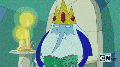 a cartoon of ice king reading a book called the origins of cake