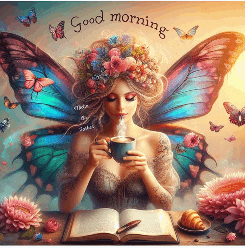 a painting of a fairy holding a cup of coffee and a book