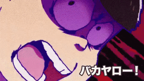 a close up of a cartoon character 's face with purple eyes and a foreign language .