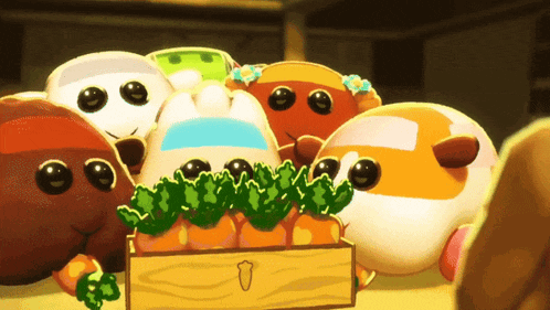 a bunch of stuffed animals are gathered around a wooden box of carrots