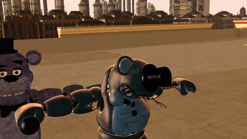 a cartoon of a teddy bear standing next to another teddy bear with a factory in the background