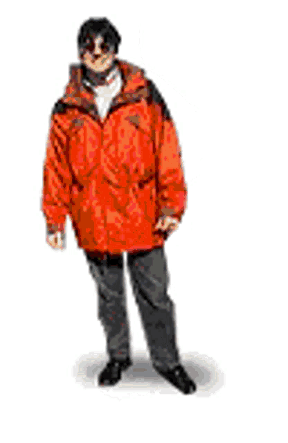 a man wearing a red jacket and sunglasses is standing with his hands on his hips .