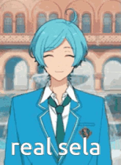a boy with blue hair and a suit and tie is smiling .