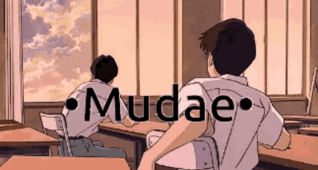 a pixel art of a boy sitting at a desk with the word mudae written above him