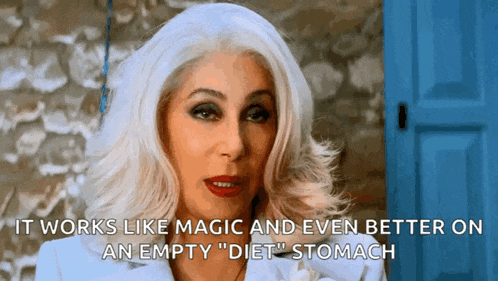 a woman with white hair and red lips says it works like magic and even better on an empty diet stomach