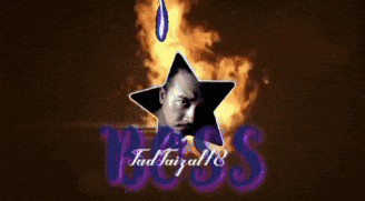 a star with a man 's face inside of it is surrounded by fire