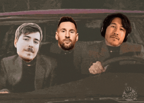 a group of men are sitting in a car and one of them has a soccer player 's head on his face