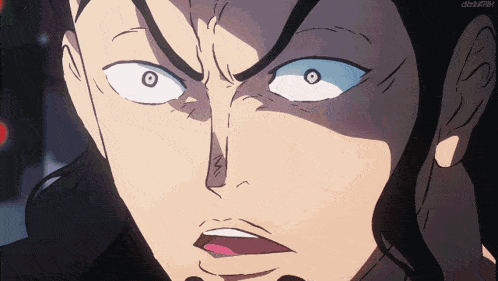 a close up of a person 's face with a clock on the bottom right corner