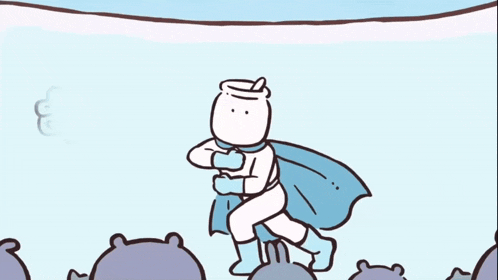 a cartoon of a superhero with a blue cape and gloves