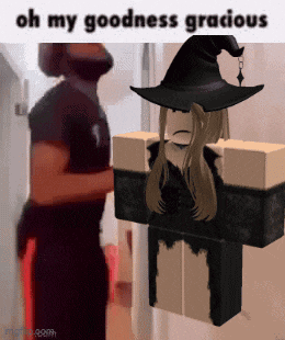 a girl in a witch costume is standing next to a man in a black shirt who says " oh my goodness gracious "