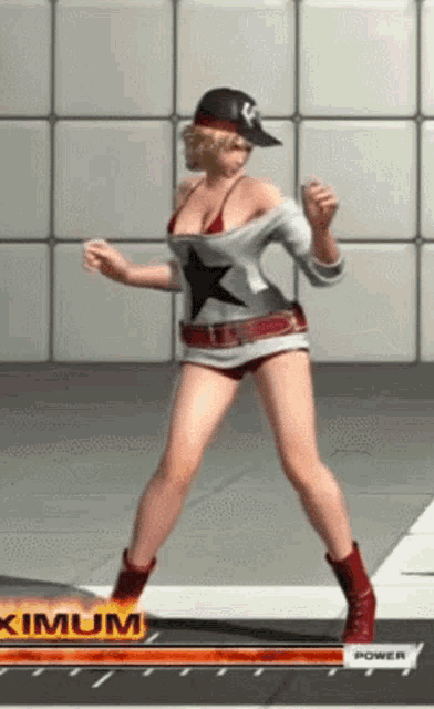 a woman is dancing in a video game with the word maximum on the bottom