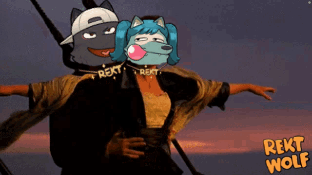 a cartoon of a man and a woman with the word rekt on their chests