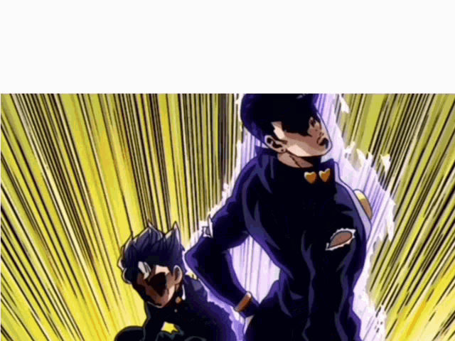 a man in a black suit is standing next to another man in a yellow and purple background .