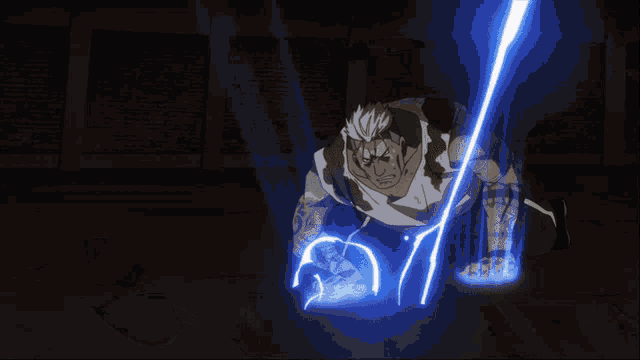 a cartoon character with a blue lightning bolt coming out of his hand