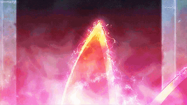 a pink and yellow lightning bolt is coming out of a dark room