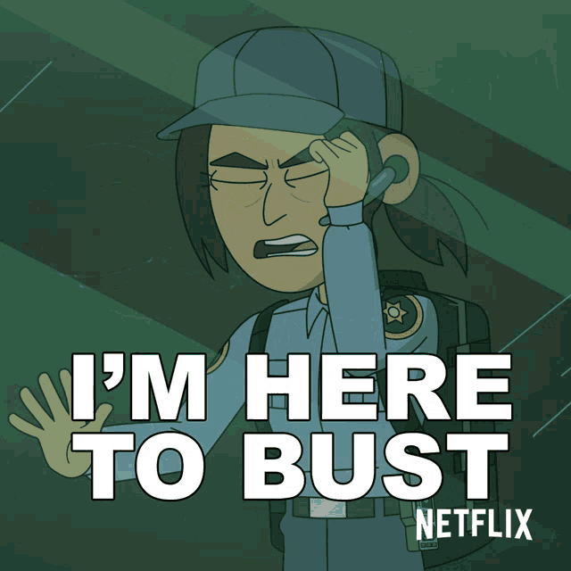 a cartoon of a police officer talking on a phone with the words " i 'm here to bust " on the bottom