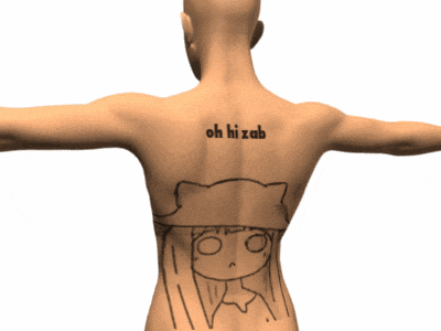 a person with a tattoo on their back that says oh hi zap