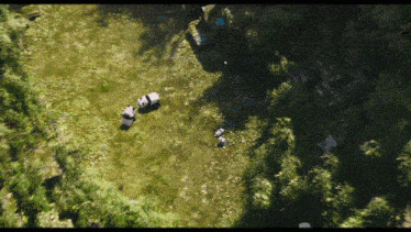an aerial view of a lush green field with trees and grass