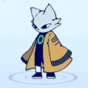 a drawing of a white cat wearing a yellow cape and a black shirt with the letter o on it