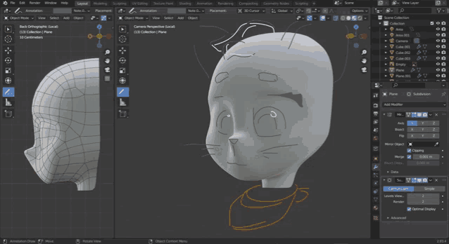 a 3d model of a cat 's head is shown in blender