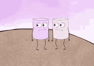 two marshmallows with arms and legs are standing next to each other on top of a hill .