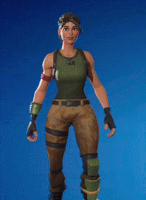a woman in a green tank top and brown pants stands in front of a blue background