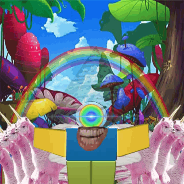 a cartoon scene with a rainbow and unicorns