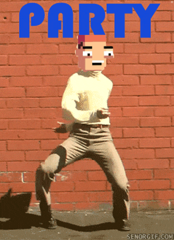 a pixelated man is dancing in front of a brick wall with the words party above him
