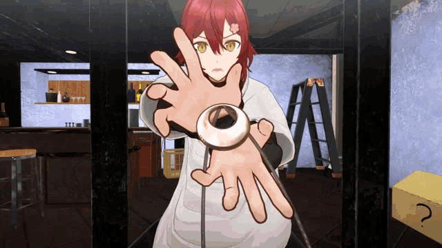 a cartoon character with red hair and yellow eyes holds a ring in her hand