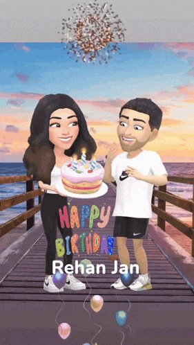 a man and a woman standing on a pier holding a birthday cake with the words happy birthday rehan jan written on it